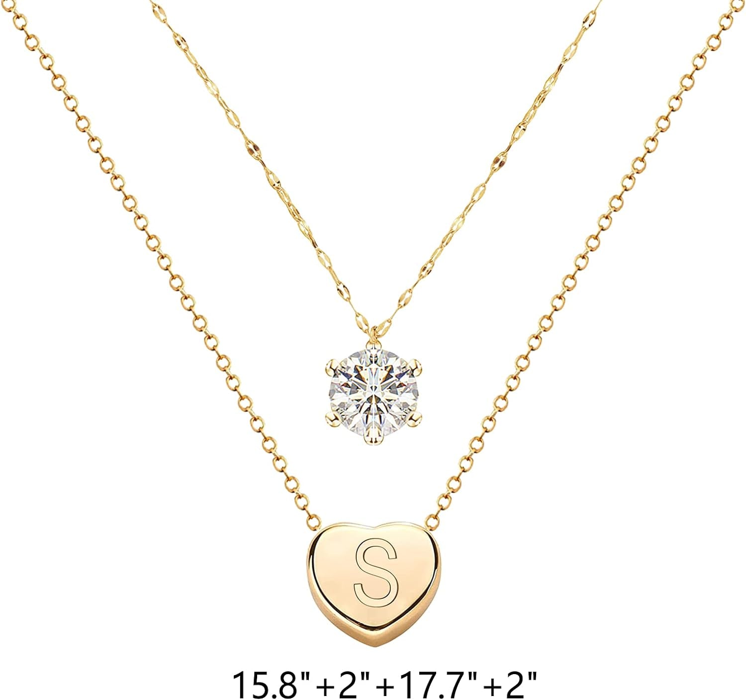 14K Real Gold Plated Dainty Layered Necklace/Heart Initial Necklaces/Zircon Necklace/Handmade Double Chain Necklace for Women and Teen Girls