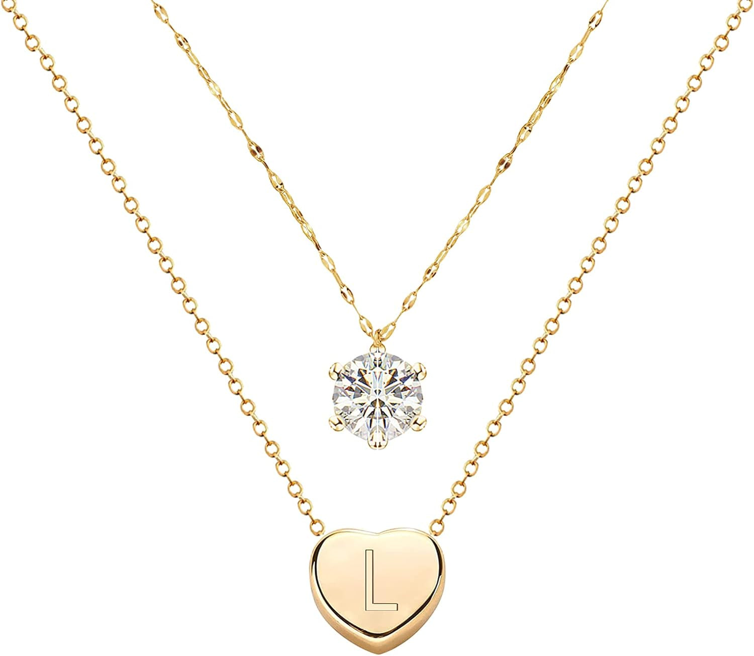 14K Real Gold Plated Dainty Layered Necklace/Heart Initial Necklaces/Zircon Necklace/Handmade Double Chain Necklace for Women and Teen Girls