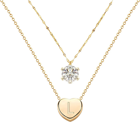 14K Real Gold Plated Dainty Layered Necklace/Heart Initial Necklaces/Zircon Necklace/Handmade Double Chain Necklace for Women and Teen Girls