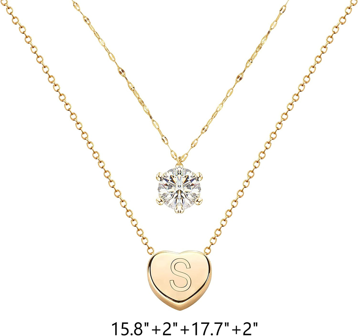 14K Real Gold Plated Dainty Layered Necklace/Heart Initial Necklaces/Zircon Necklace/Handmade Double Chain Necklace for Women and Teen Girls